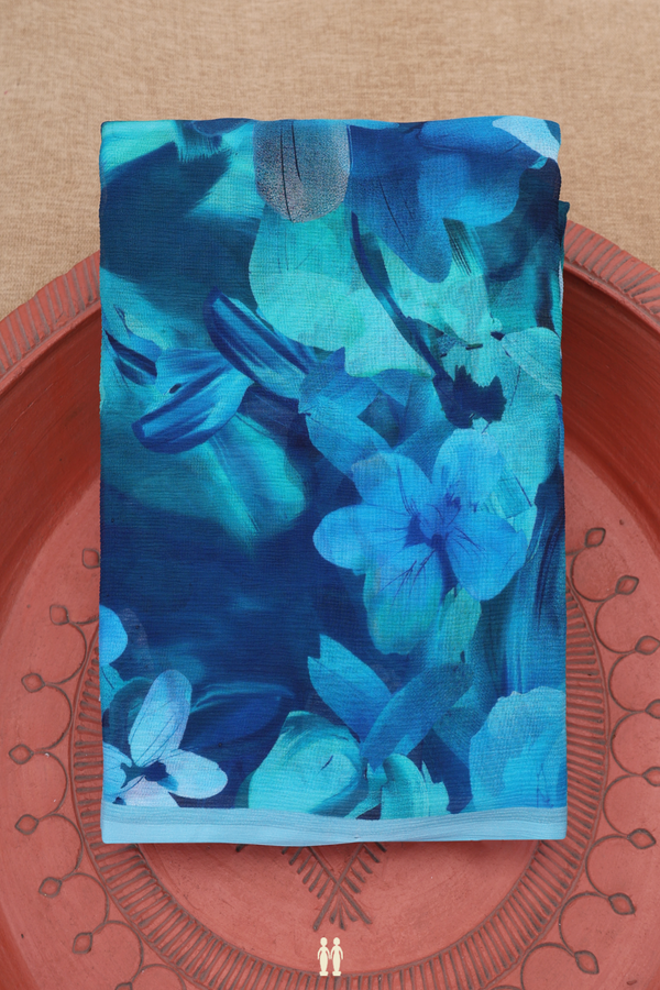 Chiffon Saree In Shades Of Blue With Floral Printed Design