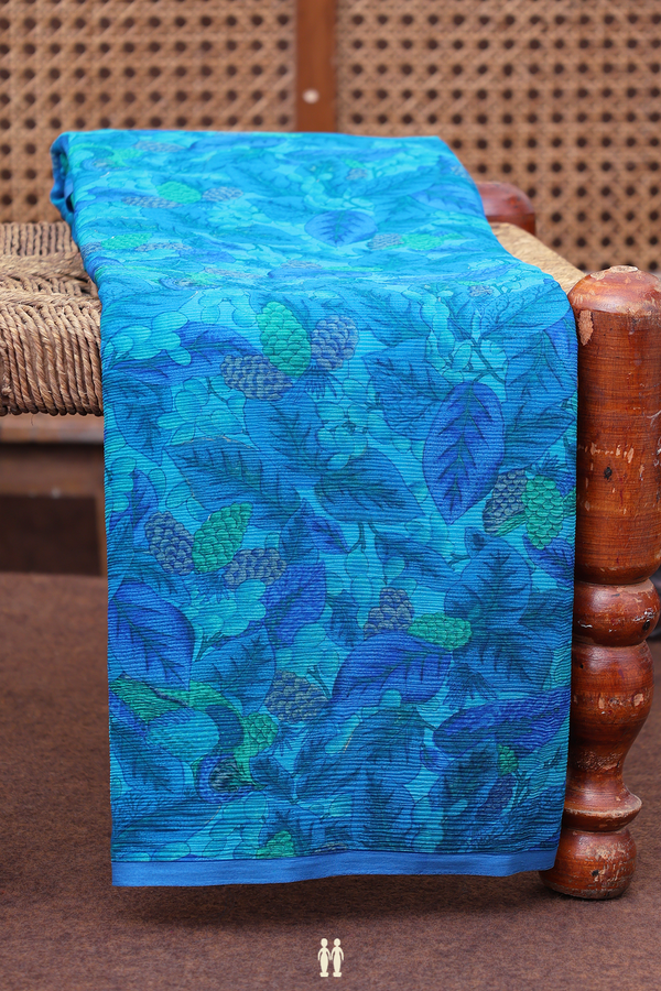 Chiffon Saree In Shades Of Blue With Leaf Design