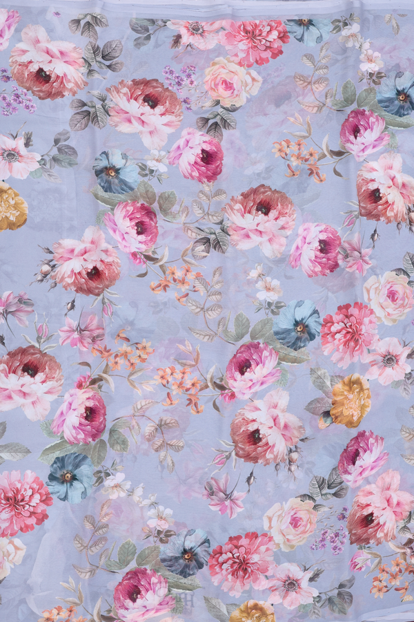 Chiffon Saree In Steel Blue With Floral Printed Design