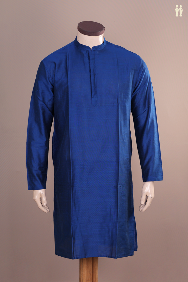 Chinese Collar Plain Royal Blue Semi Raw Silk Long Kurta