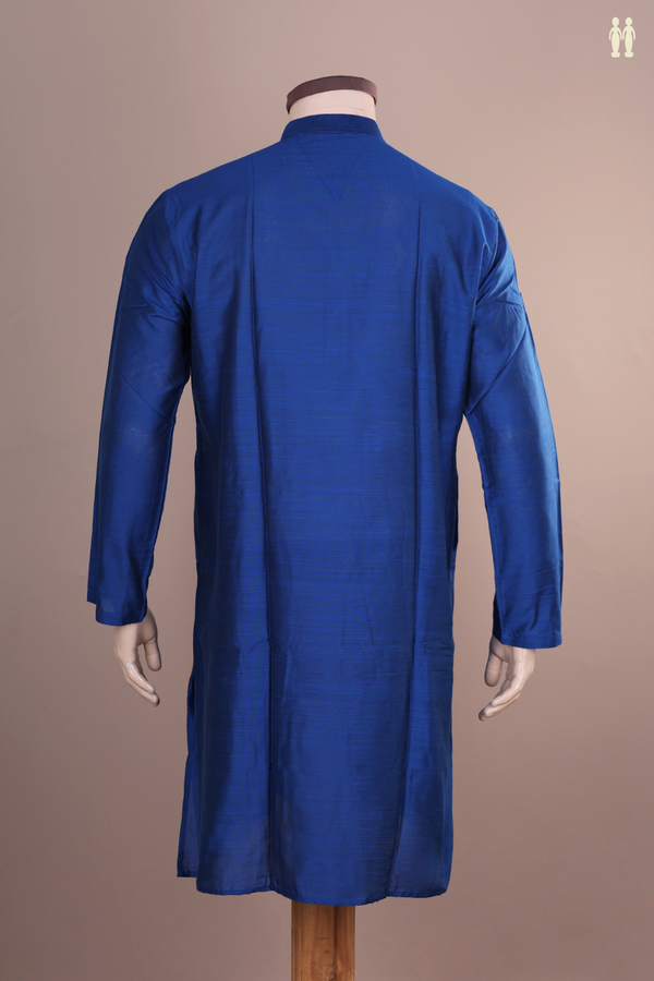 Chinese Collar Plain Royal Blue Semi Raw Silk Long Kurta