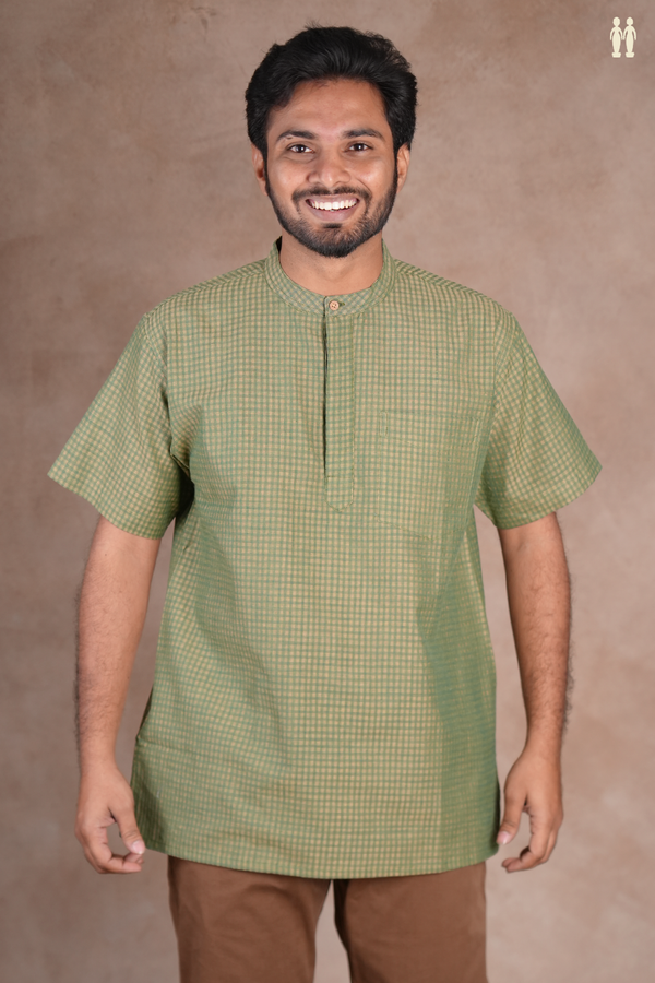 Chinese Collar Checks Design Green Cotton Short Kurta