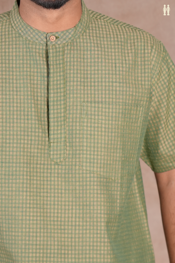 Chinese Collar Checks Design Green Cotton Short Kurta