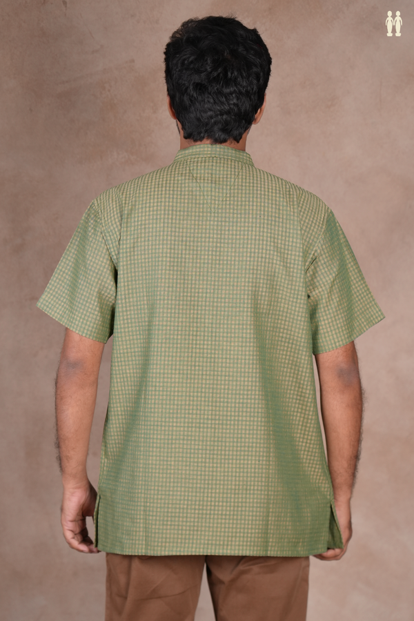 Chinese Collar Checks Design Green Cotton Short Kurta