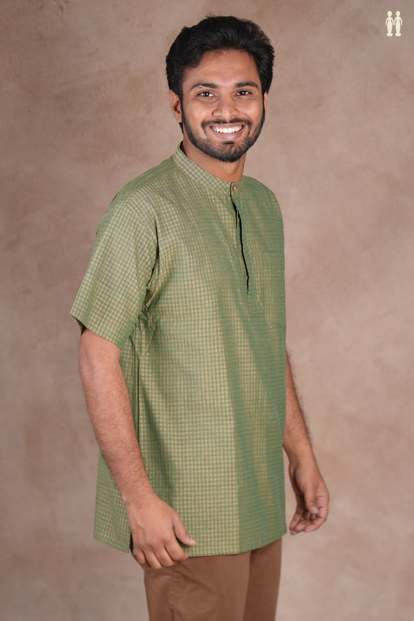 Chinese Collar Checks Design Green Cotton Short Kurta