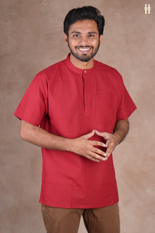 Chinese Collar Checks Design Red Cotton Short Kurta