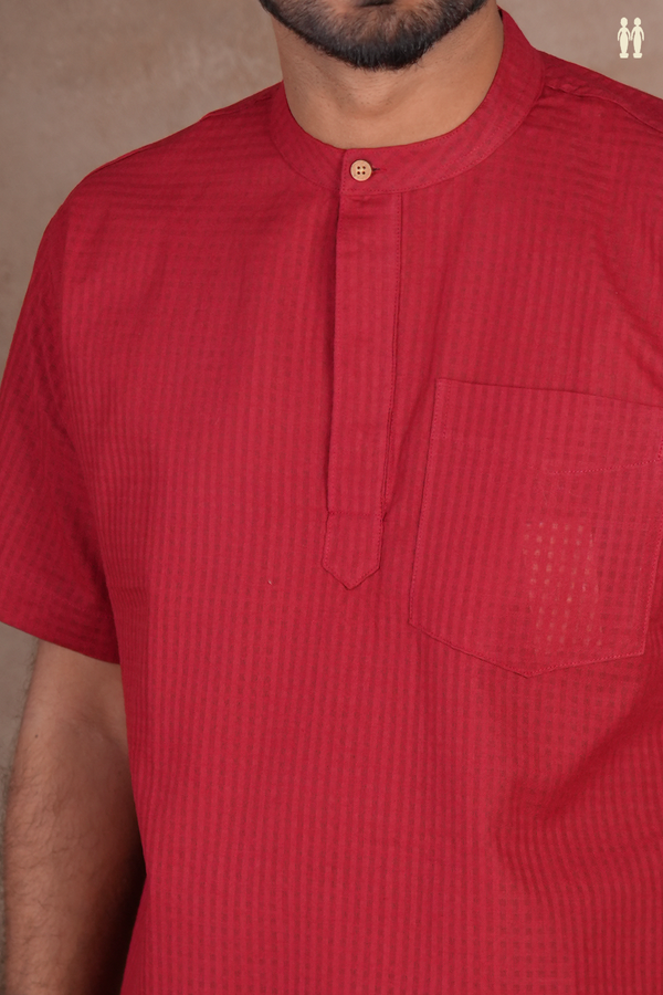 Chinese Collar Checks Design Red Cotton Short Kurta