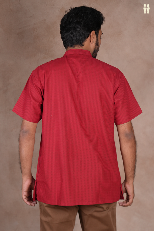 Chinese Collar Checks Design Red Cotton Short Kurta