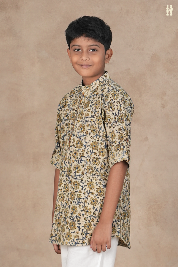 Chinese Collar Floral Design Cream Cotton Kurta