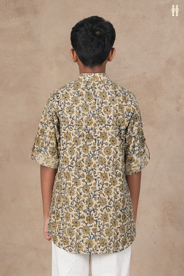 Chinese Collar Floral Design Cream Cotton Kurta