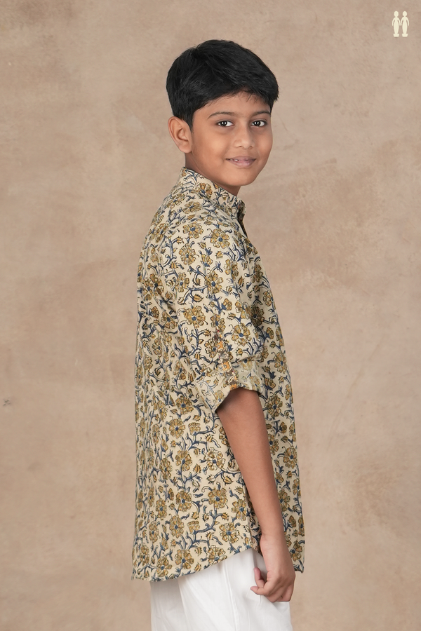 Chinese Collar Floral Design Cream Cotton Kurta