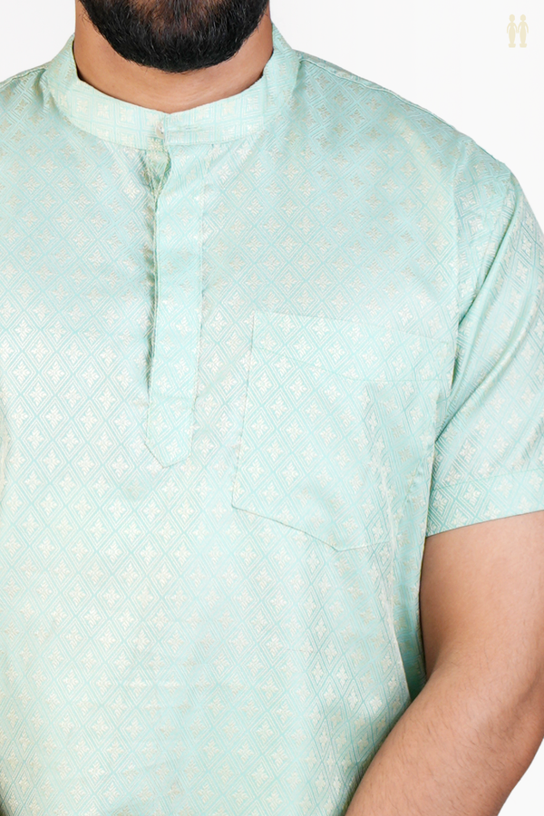 Chinese Collar Diamond Design Green Banarasi Short Kurta