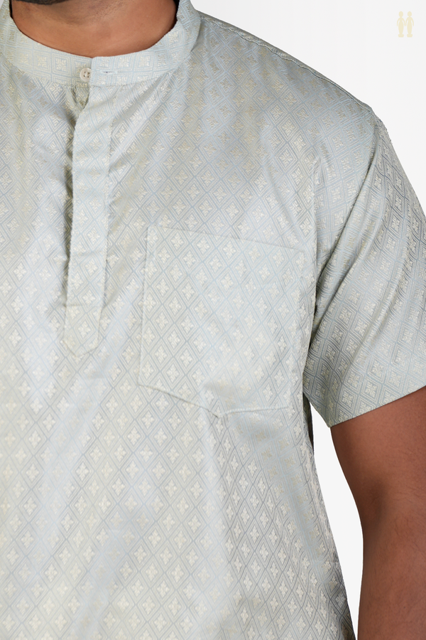 Chinese Collar Diamond Design Grey Banarasi Short Kurta