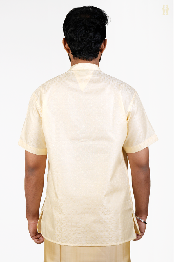 Chinese Collar Diamond Design Pale Yellow Banarasi Short Kurta