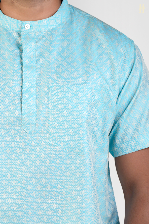 Chinese Collar Diamond Design Sky Blue Banarasi Short Kurta