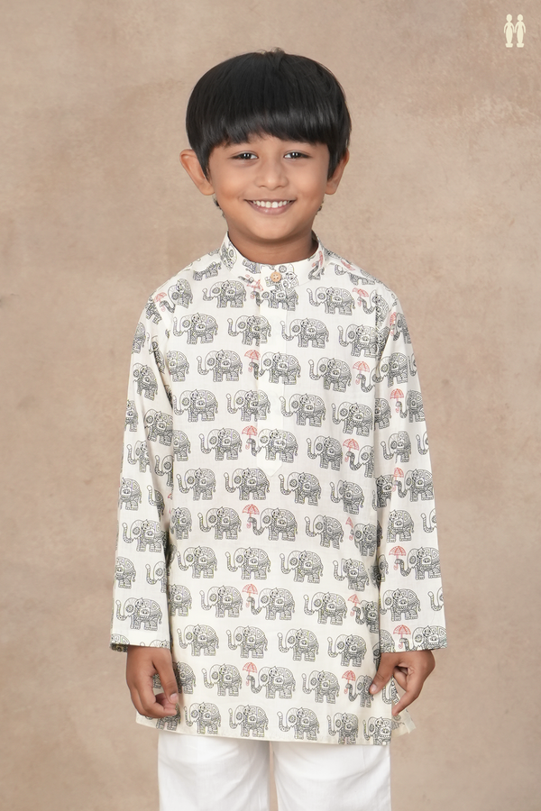 Chinese Collar Elephant Design White Cotton Long Kurta
