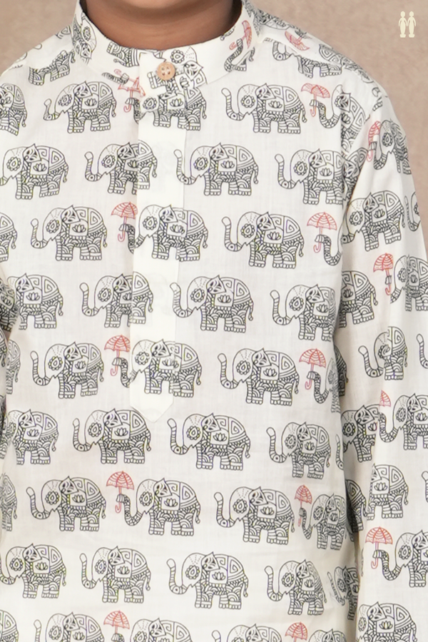 Chinese Collar Elephant Design White Cotton Long Kurta