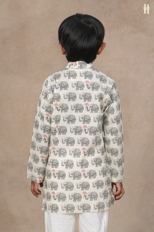 Chinese Collar Elephant Design White Cotton Long Kurta
