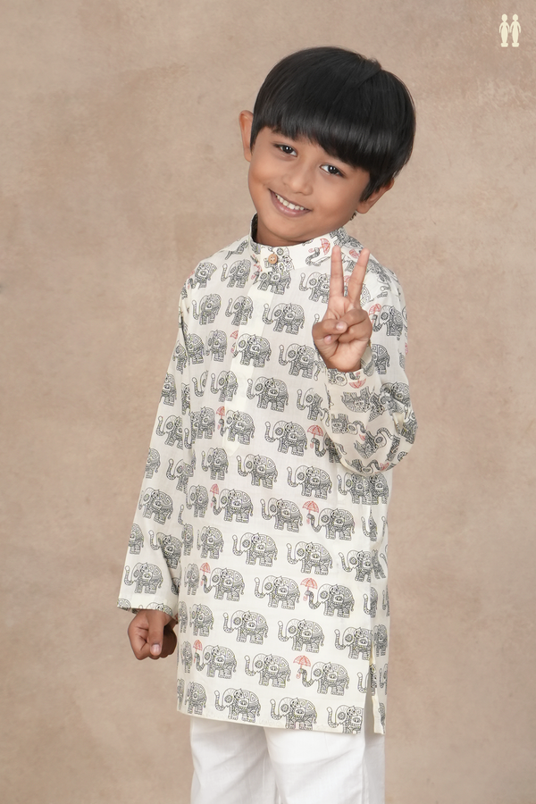 Chinese Collar Elephant Design White Cotton Long Kurta