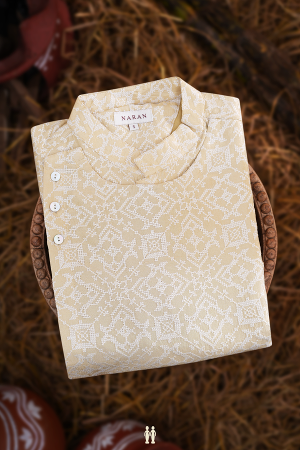 Chinese Collar Embroidery Work Ivory Tussar Naran Long Kurta