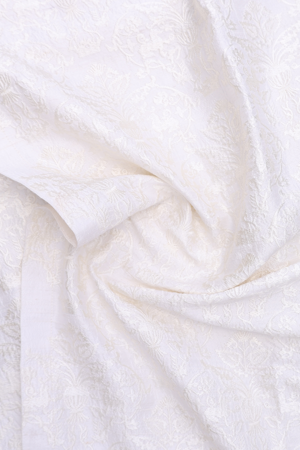 Chinese Collar Embroidery White Raw Silk Naran Long Kurta