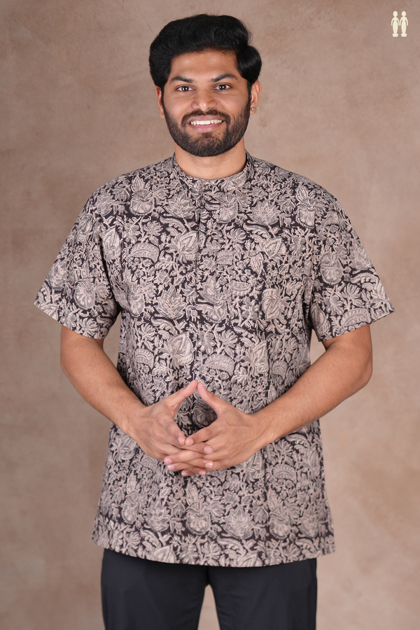 Chinese Collar Floral Design Black Kalamkari Cotton Short Kurta