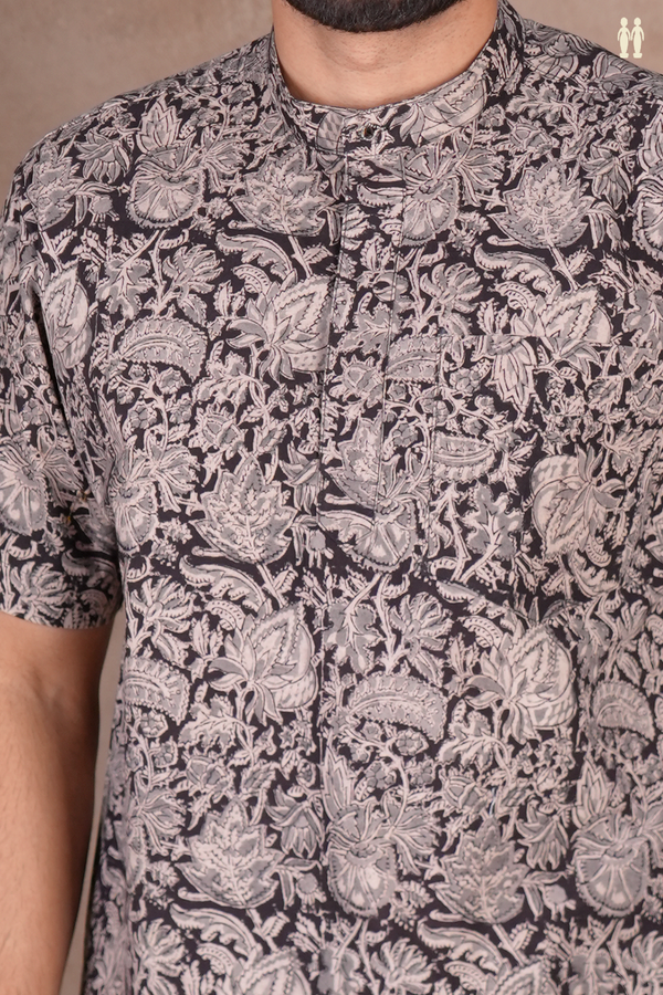 Chinese Collar Floral Design Black Kalamkari Cotton Short Kurta