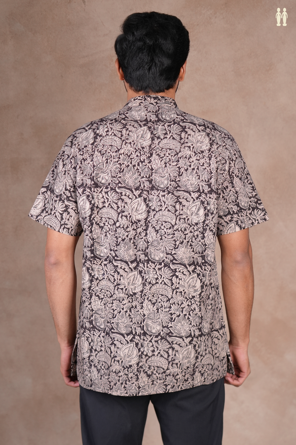 Chinese Collar Floral Design Black Kalamkari Cotton Short Kurta