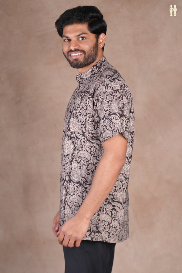 Chinese Collar Floral Design Black Kalamkari Cotton Short Kurta