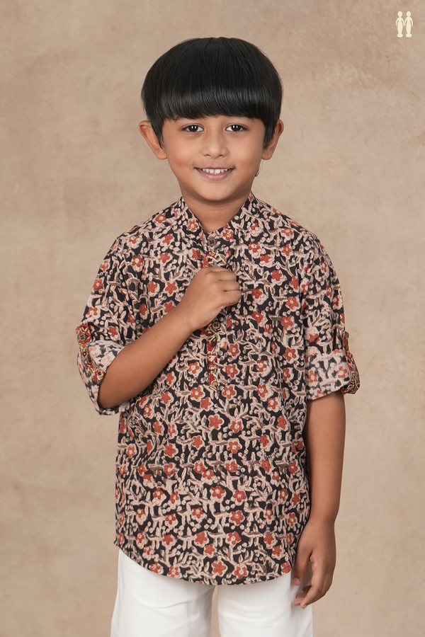 Chinese Collar Floral Design Black Kalamkari Kurta