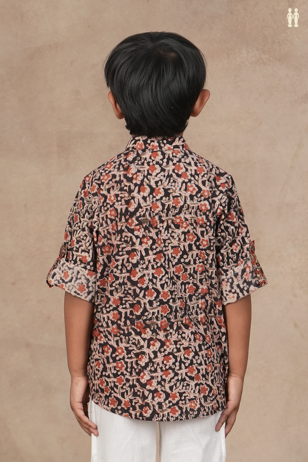 Chinese Collar Floral Design Black Kalamkari Kurta