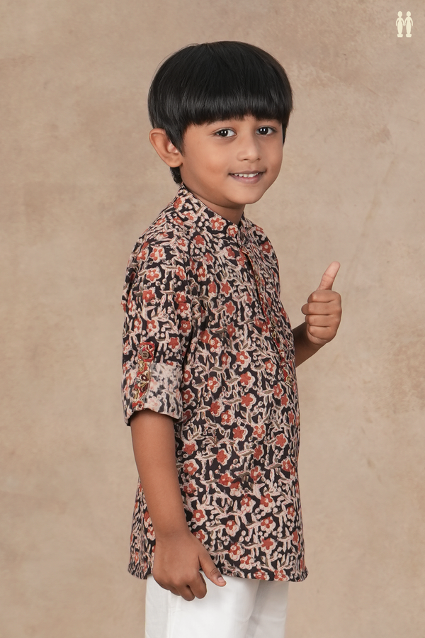 Chinese Collar Floral Design Black Kalamkari Kurta