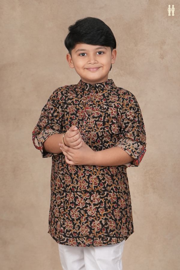 Chinese Collar Floral Design Black Kalamkari Kurta