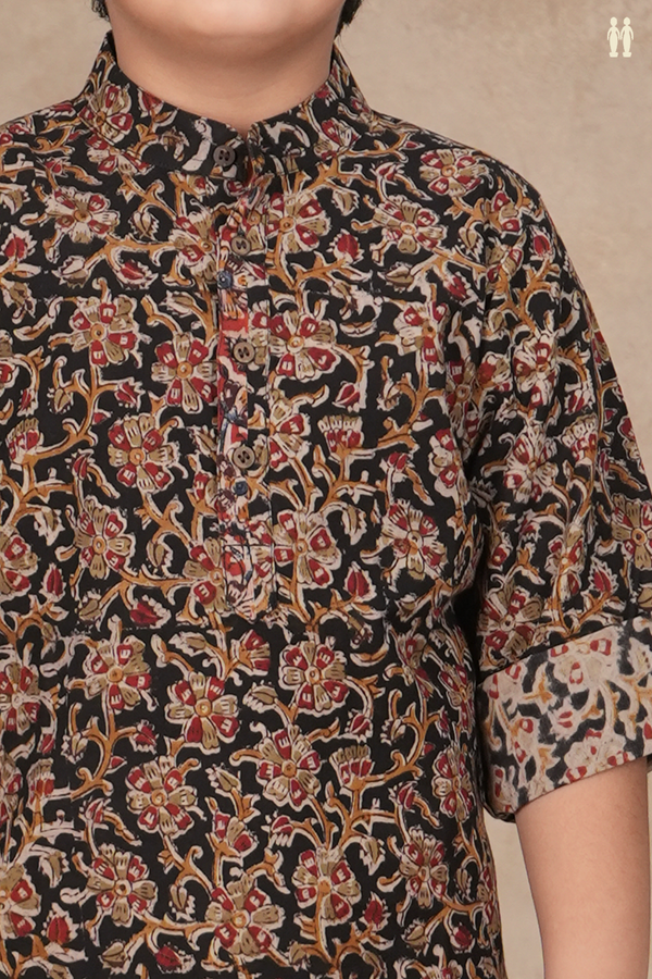 Chinese Collar Floral Design Black Kalamkari Kurta