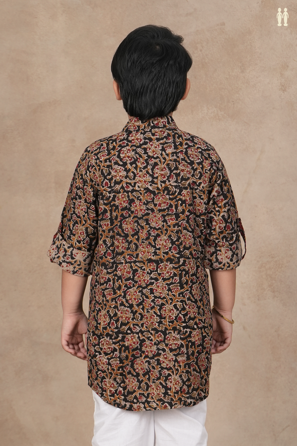 Chinese Collar Floral Design Black Kalamkari Kurta
