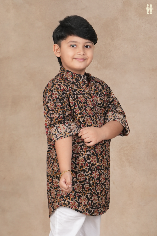 Chinese Collar Floral Design Black Kalamkari Kurta