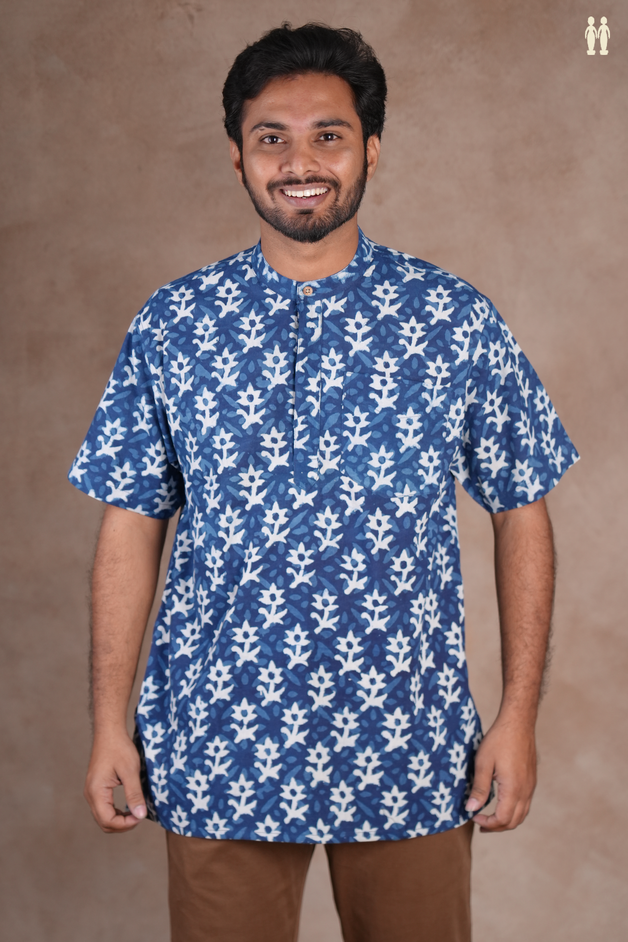 Chinese Collar Floral Design Blue Cotton Short Kurta
