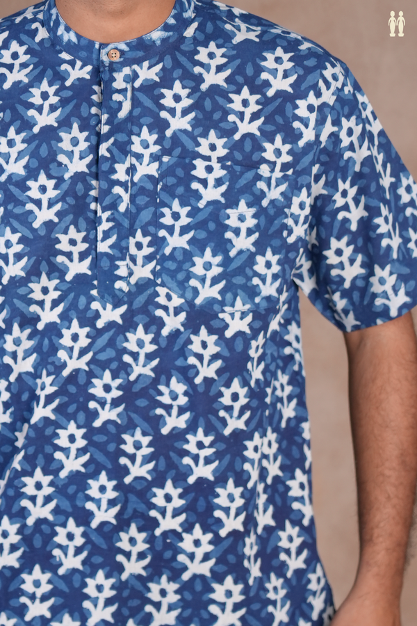 Chinese Collar Floral Design Blue Cotton Short Kurta