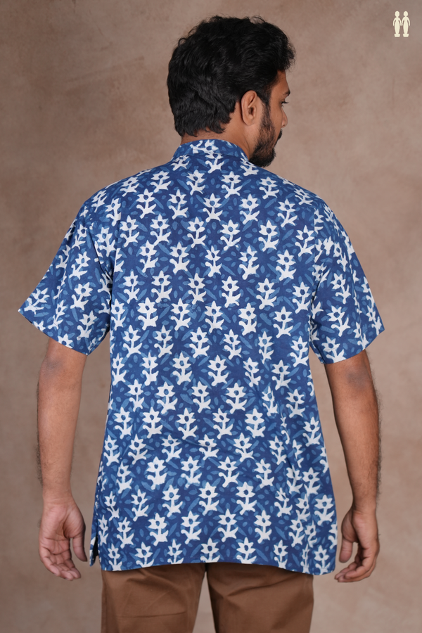 Chinese Collar Floral Design Blue Cotton Short Kurta