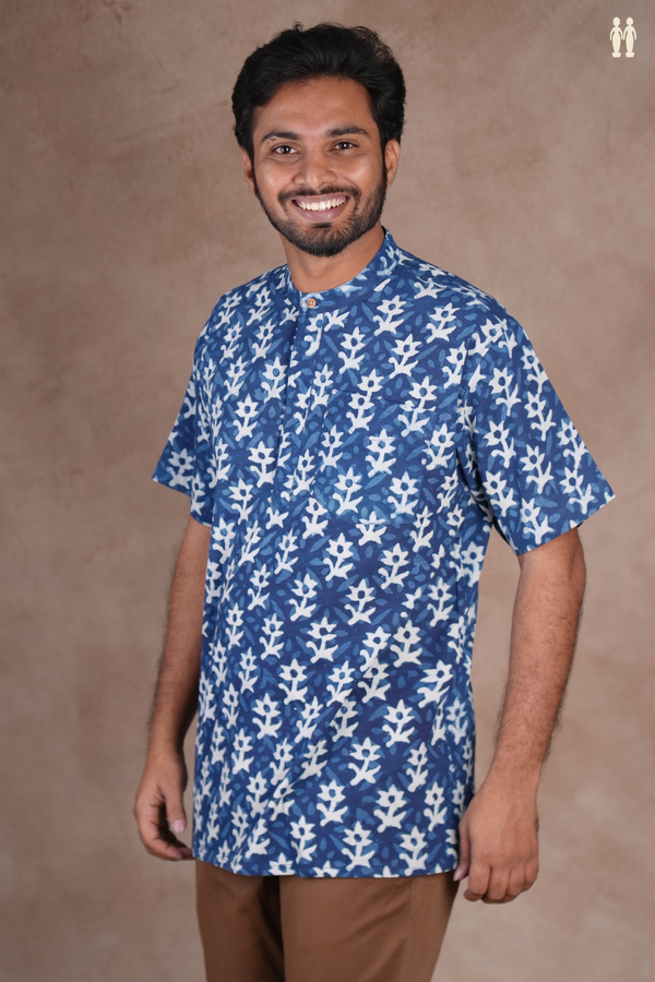 Chinese Collar Floral Design Blue Cotton Short Kurta