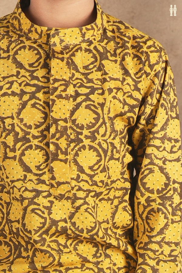 Chinese Collar Floral Design Brown And Yellow Cotton Long Kurta