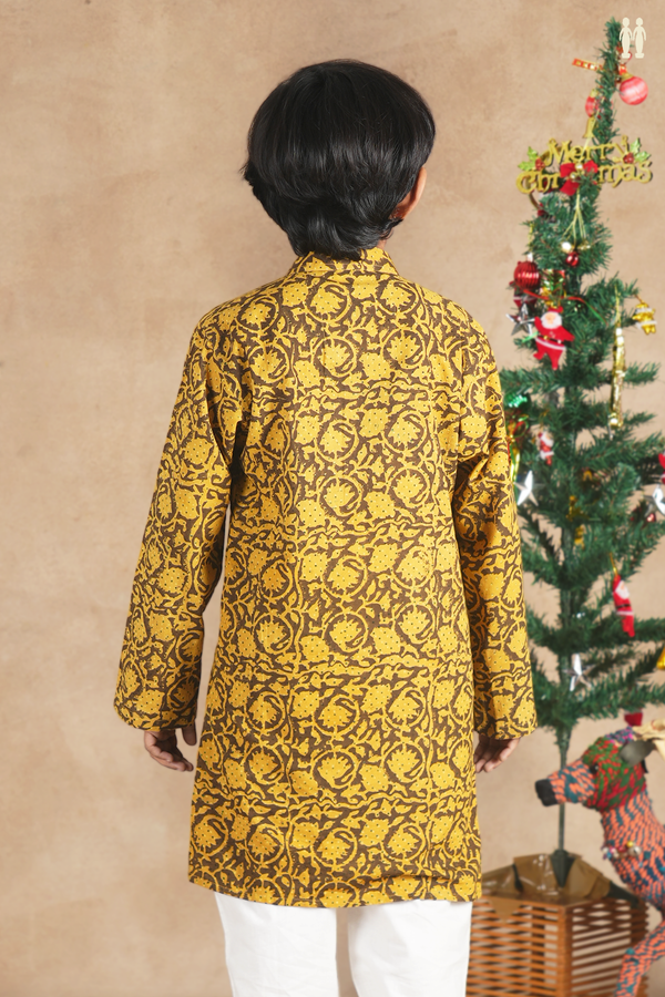 Chinese Collar Floral Design Brown And Yellow Cotton Long Kurta