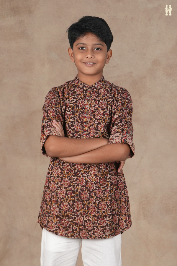 Chinese Collar Floral Design Coffee Brown Kalamkari Kurta
