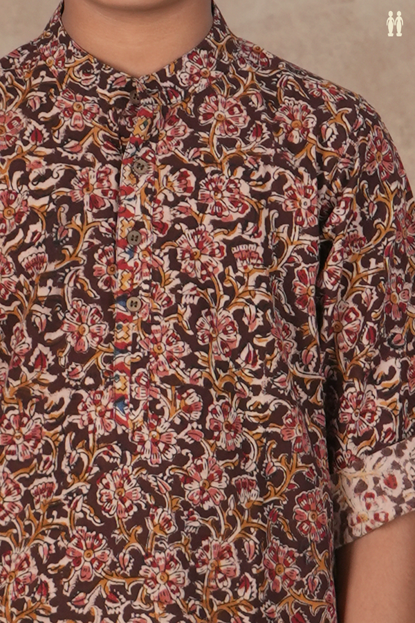 Chinese Collar Floral Design Coffee Brown Kalamkari Kurta