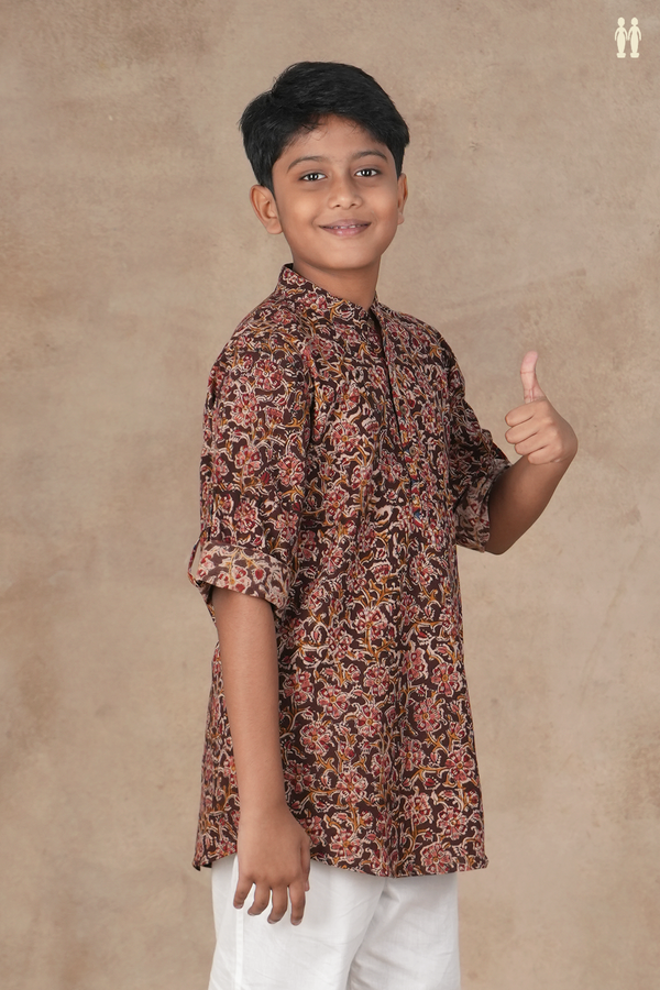 Chinese Collar Floral Design Coffee Brown Kalamkari Kurta