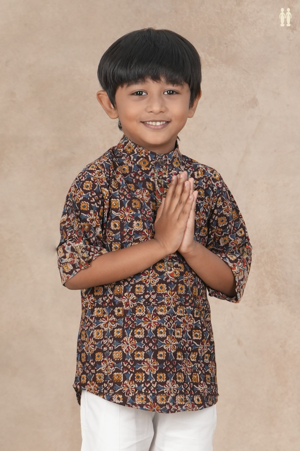 Chinese Collar printed Design Dark Oak Brown Kalamkari Kurta