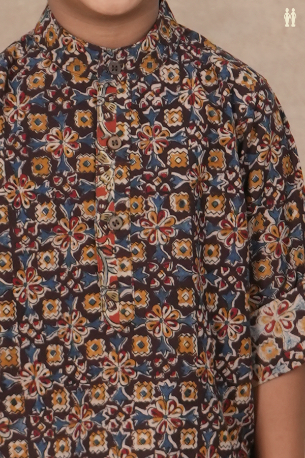 Chinese Collar printed Design Dark Oak Brown Kalamkari Kurta