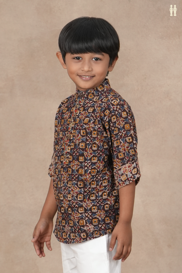 Chinese Collar printed Design Dark Oak Brown Kalamkari Kurta