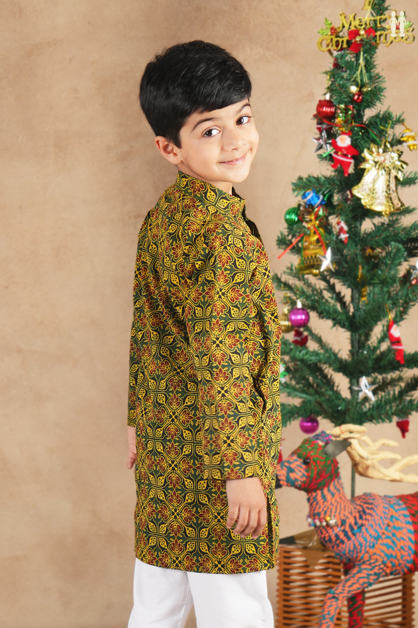 Chinese Collar Printed Design Green Cotton Long Kurta