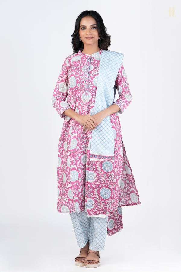 Chinese Neck Floral Design Pink Cotton Salwar Set